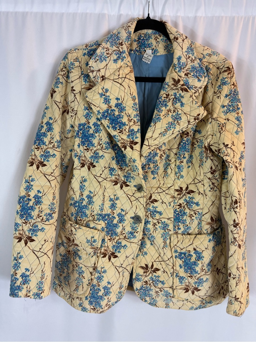 Quilted Floral Blazer Jacket - Cream, brown with Blue Floral Size: S